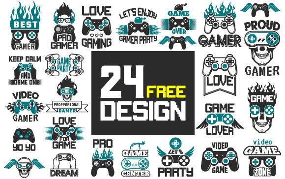 Gaming Graphics Bundle featuring 24 unique designs with vibrant gaming-themed icons, controllers, and text for digital projects and merchandise.