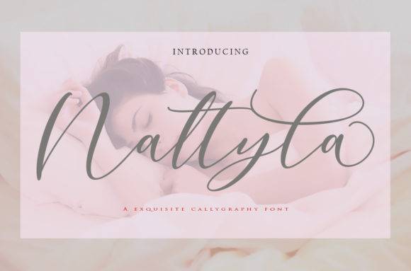 Nattyla font displayed in elegant calligraphy style on a soft pink background.