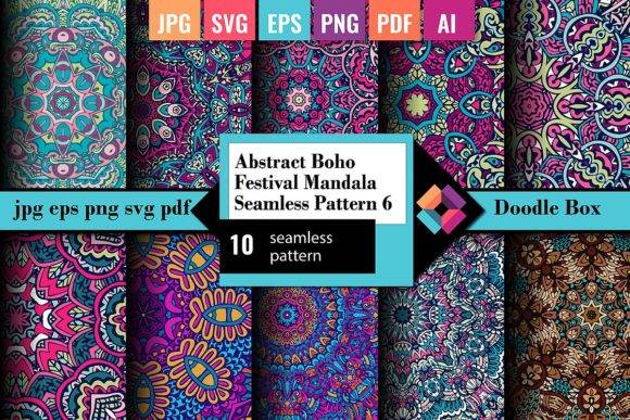 Colorful abstract boho mandala patterns in seamless designs, ideal for crafts, textiles, and digital artwork. Includes 10 high-resolution formats.