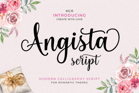 Angista Script Font - Delicate Script Typeface with elegant swashes and glyphs, surrounded by floral decorations for romantic themes.