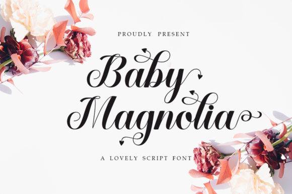 Baby Magnolia Font displayed with elegant floral accents, showcasing its flowing handwritten typeface style for digital artwork.