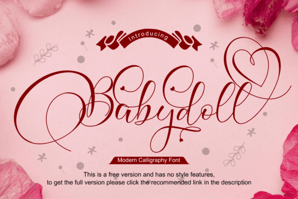 Babydoll Font - Romantic Handwritten Typeface displayed on a pink background with floral accents and decorative hearts.