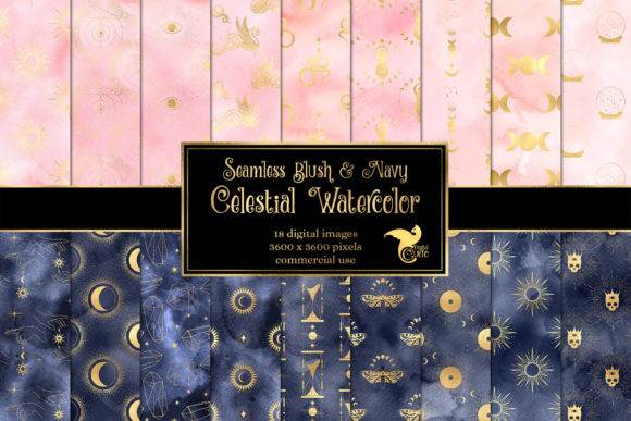 Blush and navy celestial watercolor designs featuring gold celestial motifs like moons, stars, and constellations. Includes 18 seamless digital patterns for elegant projects.