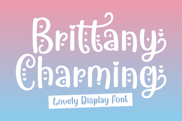 Brittany Charming Font - Whimsical Handwritten Typeface with elegant, dancing characters on a pink and blue gradient background.