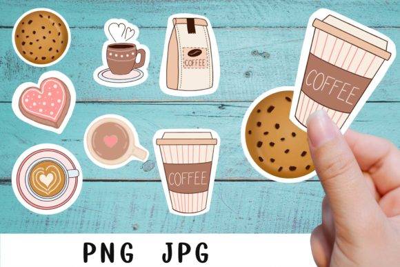 Coffee-themed planner stickers featuring cups, cookies, and coffee bags in fun designs. High-resolution PNG and JPG formats for crafts.