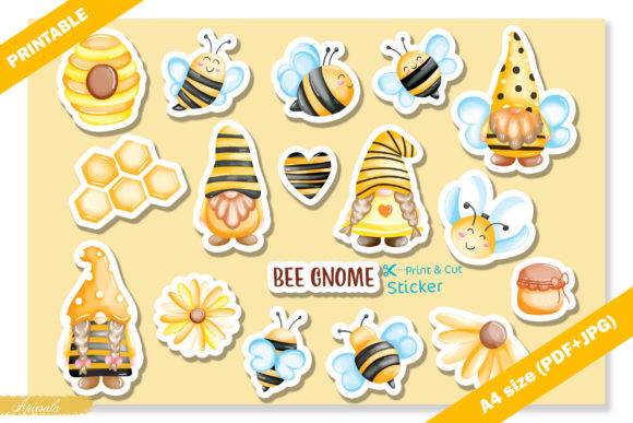 Cute Bee Gnome Printable Sticker set featuring whimsical watercolor designs of gnomes, bees, honeycombs, and flowers. Ideal for crafts and planners.