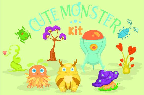 Cute Monster Kit SVG with colorful monsters, plants, and bugs for crafting.