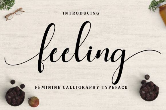 Feeling Font - Elegant Script Typeface displayed on a light background with feminine calligraphy style, surrounded by decorative elements like glasses and coffee beans.