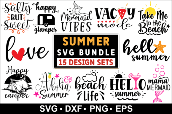 Summer Quotes SVG Bundle featuring 15 free designs with phrases like 'Vacay Mode,' 'Beach Life,' and 'Hello Summer,' ideal for crafts and T-shirts.