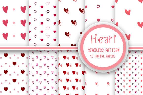 Heart seamless pattern digital papers featuring red and pink heart designs on white backgrounds, ideal for Valentine’s crafts and decor.