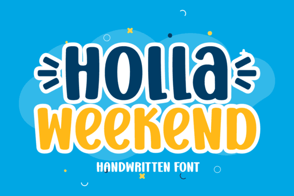 Holla Weekend Font - Fun Display Typeface with bold, playful lettering in blue and yellow, perfect for children’s projects and crafts.