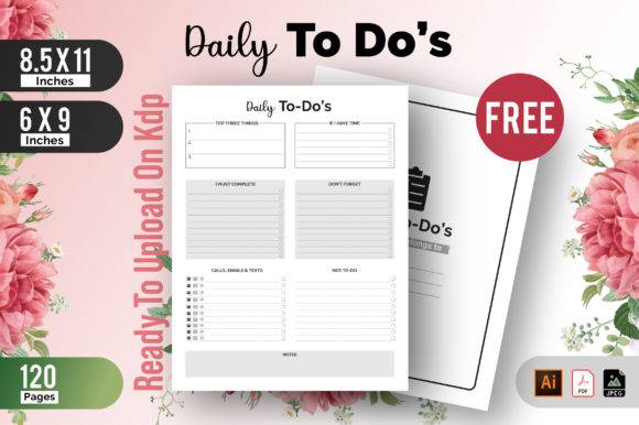 KDP Daily To-Do List Planner templates with floral design, featuring editable PDF and AI formats for custom daily planning.