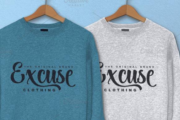 Lightning Script Font printed on casual sweatshirts, highlighting its use in fashion branding and apparel design.