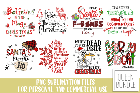 Christmas Sublimation Bundle featuring festive holiday quotes in colorful designs for mugs, shirts, and crafts.