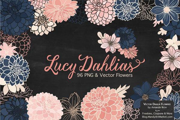 Set of 96 free dahlia illustrations in hand-drawn style, featuring pink, blue, and cream floral designs on a dark background.