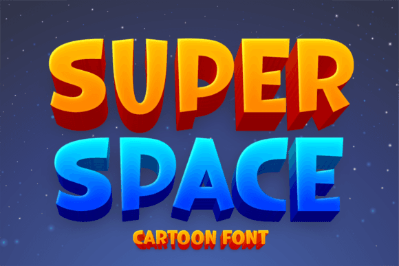 Super Space Font - Playful Display Typeface with bold, colorful letters in orange and blue, ideal for children’s projects and school activities.