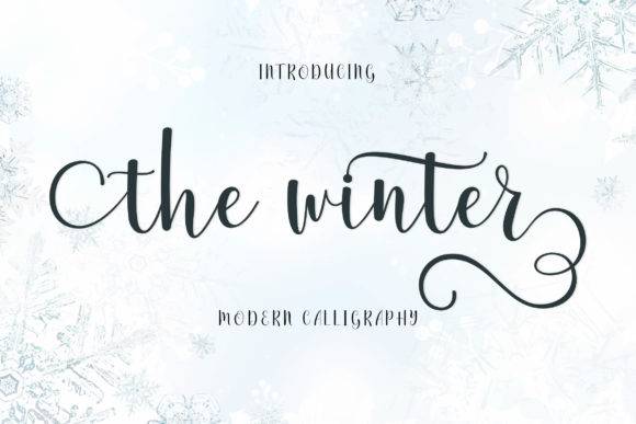 The Winter Font - Light Handwritten Typeface with elegant calligraphy style on a snowy background, ideal for creative digital artwork.