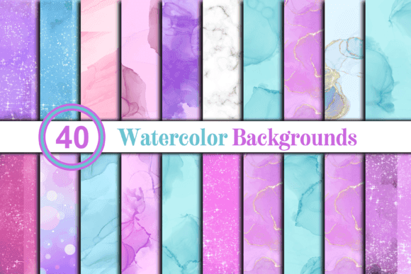 Watercolor Backgrounds Bundle featuring 40 high-resolution designs in pink, purple, and blue tones. Ideal for crafts, web design, and scrapbooking.