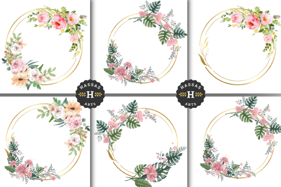 Watercolor floral golden wreath clipart featuring delicate pink and white flowers, green foliage, and gold accents. Ideal for weddings, holidays, and spring-themed digital designs.