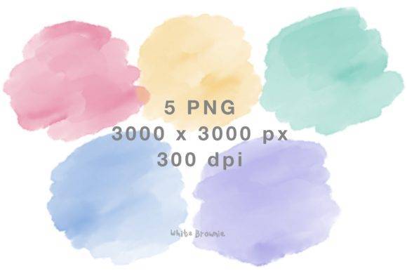 Creative graphics pack featuring five vibrant watercolor splashes in pink, yellow, green, blue, and purple. High-resolution PNGs at 3000x3000 px and 300 dpi.