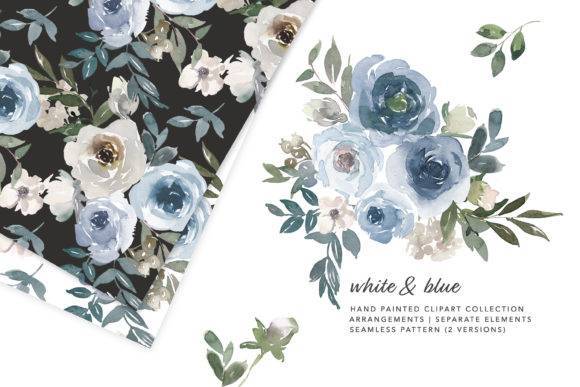 Watercolor dusty blue floral graphics featuring hand-painted white and blue flowers with seamless patterns and separate elements.