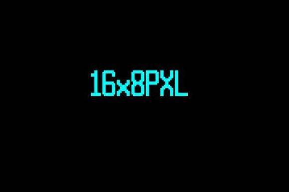 16x8PXL Font in cyan pixelated style on black background.