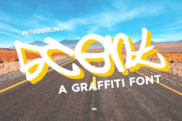 5cent graffiti font with bold urban style on a desert road background.