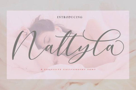 Nattyla font displayed in elegant calligraphy style on a soft pink background.