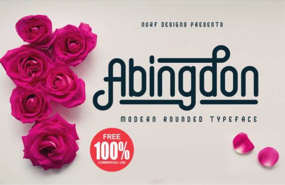 Abingdon Font - Modern rounded typeface with pink roses and free 100% commercial use badge.