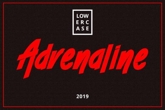 Adrenaline Font - Bold handcrafted brush font in red on a black background.