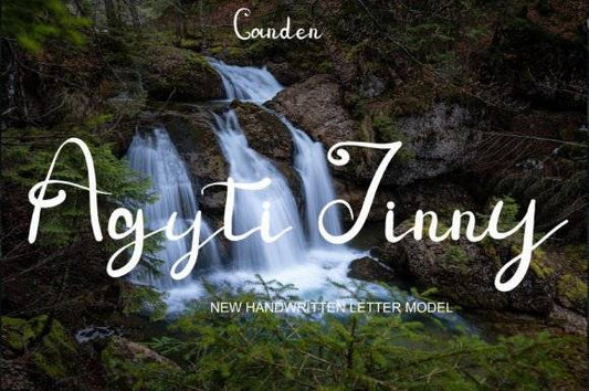 Agyti Jinny Font displayed over a scenic waterfall background.