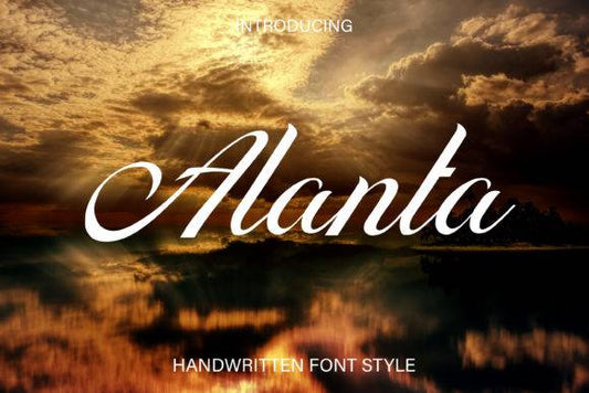 Alanta Font - Stylish handwritten font displayed over a dramatic sunset background.