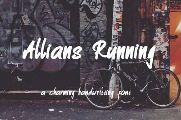 Allians Running Font displayed in a charming handwritten style on a graffiti background.