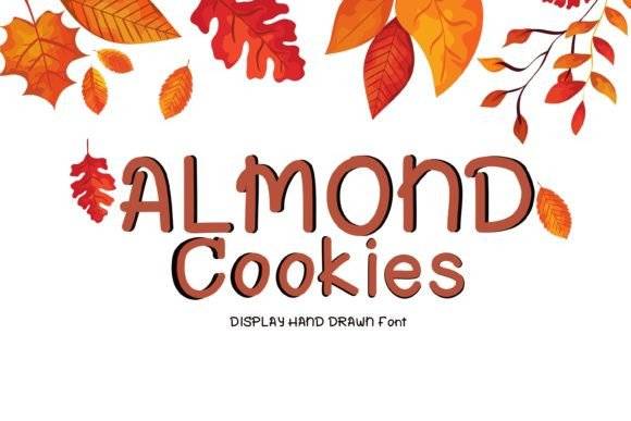 Almond Cookies Font with a playful handwritten style and autumn leaf design.