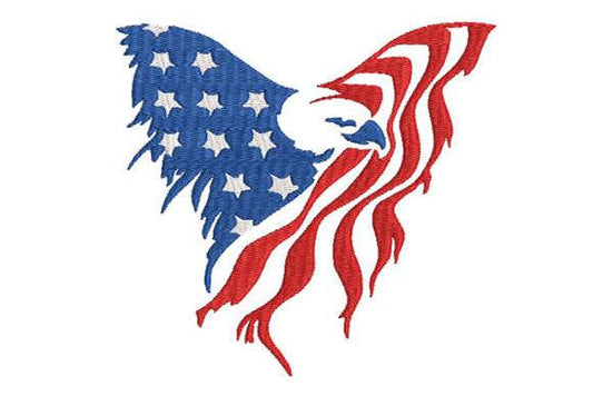 Stylized American eagle with flag design in red, white, and blue embroidery.