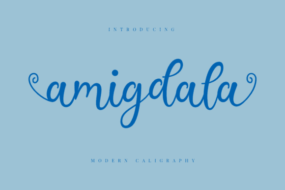 Amigdala Font in cursive script style on a light blue background.