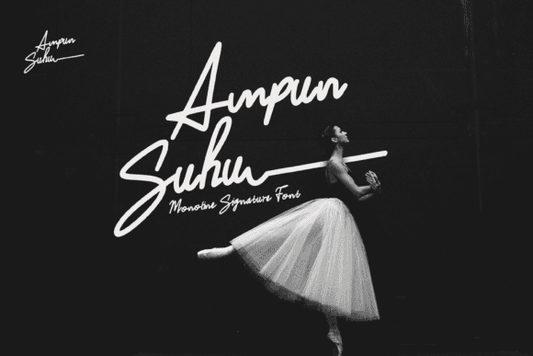 Ampun Suhu Font - Monoline signature font displayed with a ballerina in a graceful pose.