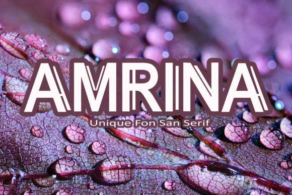 Amrina Font - Bold sans serif typeface displayed on a vibrant purple background.