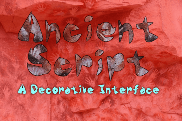 Ancient Script Font with decorative text on red textured background.