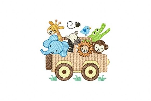 Embroidery design of safari animals in a car