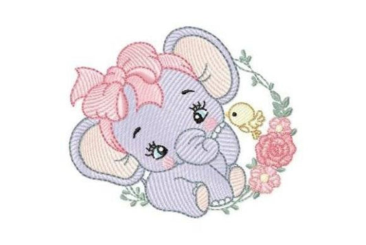 Adorable baby elephant embroidery design with pink bow and floral accents.