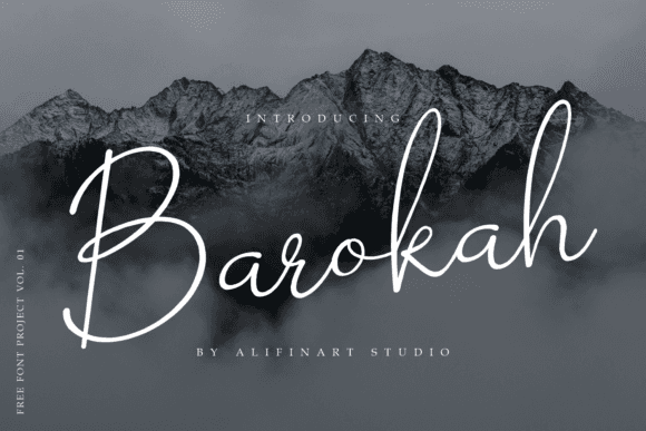 Barokah free font displayed over a misty mountain background.