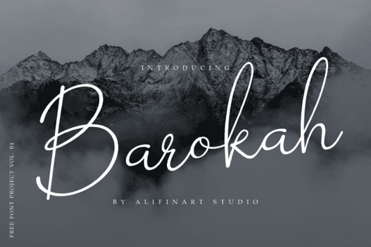 Barokah free font displayed over a misty mountain background.