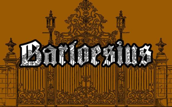 Barloesius Font in creative blackletter style on ornate gate background