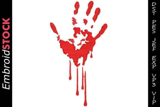 Bloody handprint embroidery design with dripping effect for Halloween.