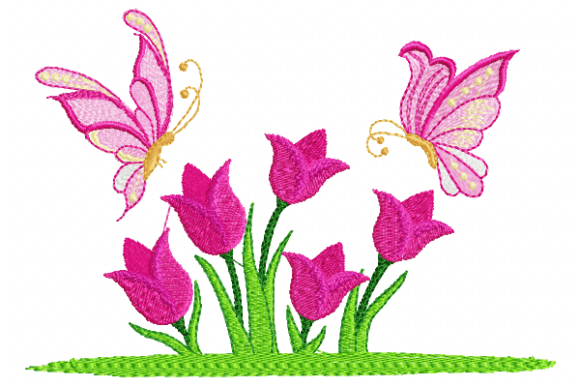 Pink butterfly embroidery design with flowers