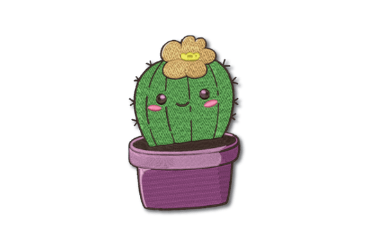 Cute cactus embroidery design with flower in purple pot