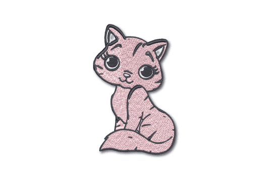 Cute pink cat embroidery design with big eyes, perfect for fabric projects.