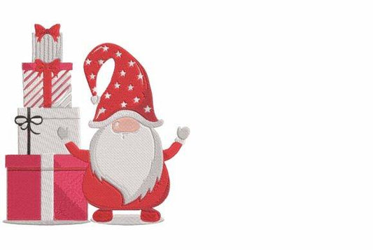 Festive Christmas gnome with red hat and presents embroidery design.