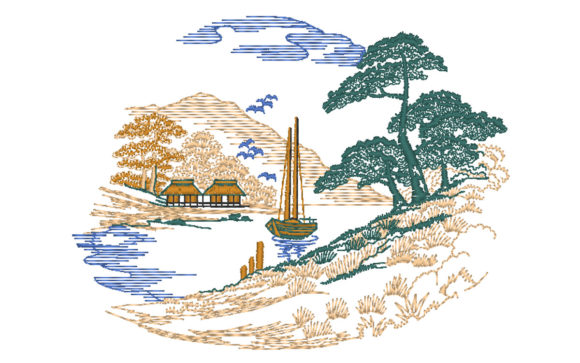 Countryside free embroidery design with trees and sailboat